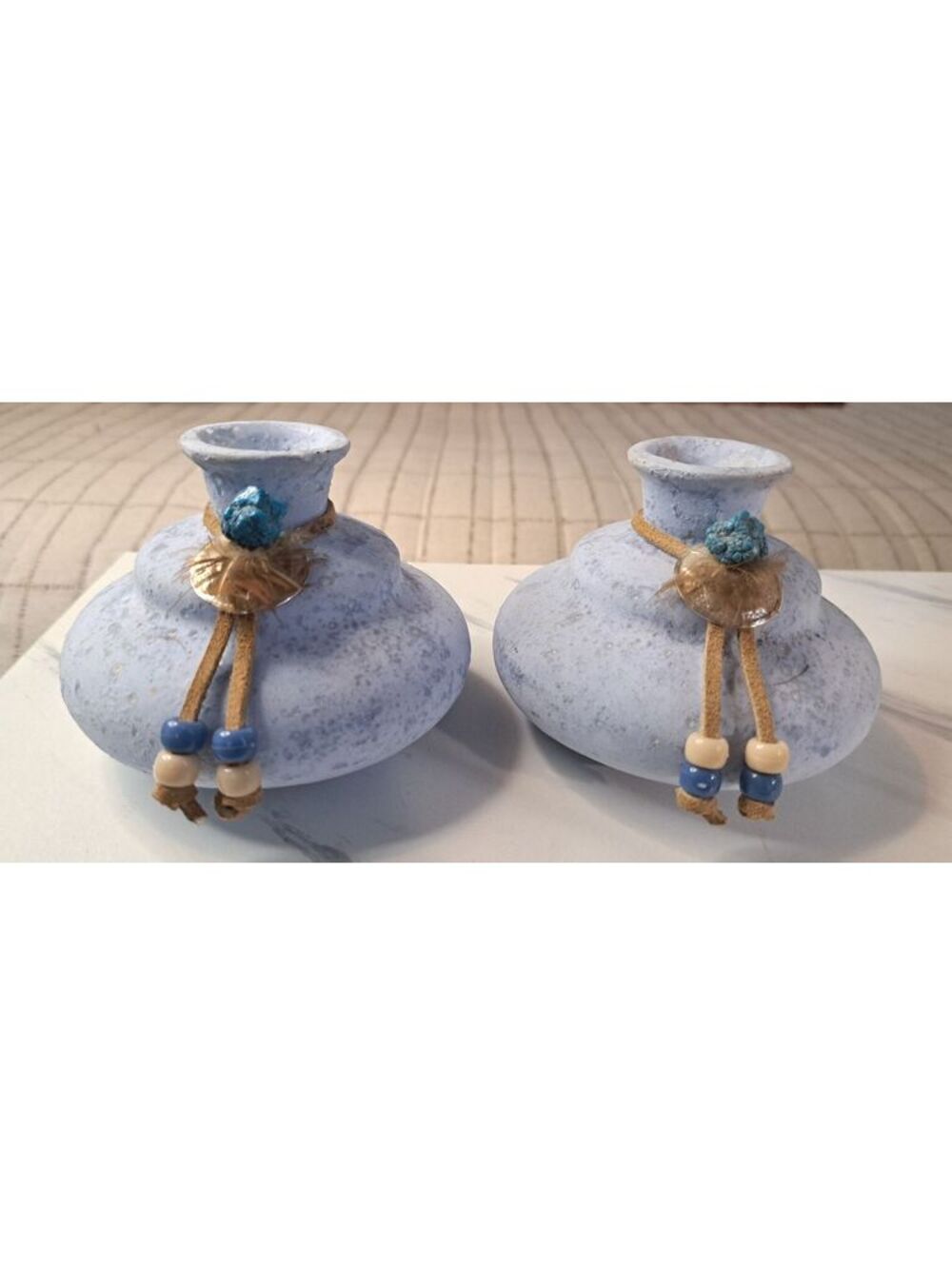 Vintage Set of American West Turquoise Beaded Pottery Candle Holders 3.5"